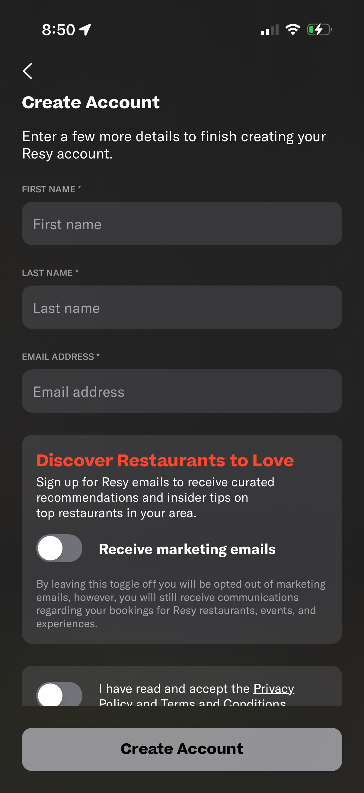 resy signup screenshot